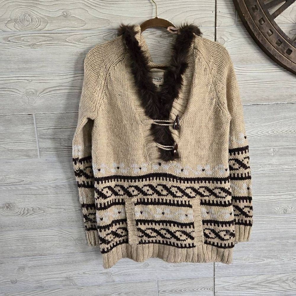 Kenji Handknit Wool Blend Hooded Fur Sweater Womens SZ L